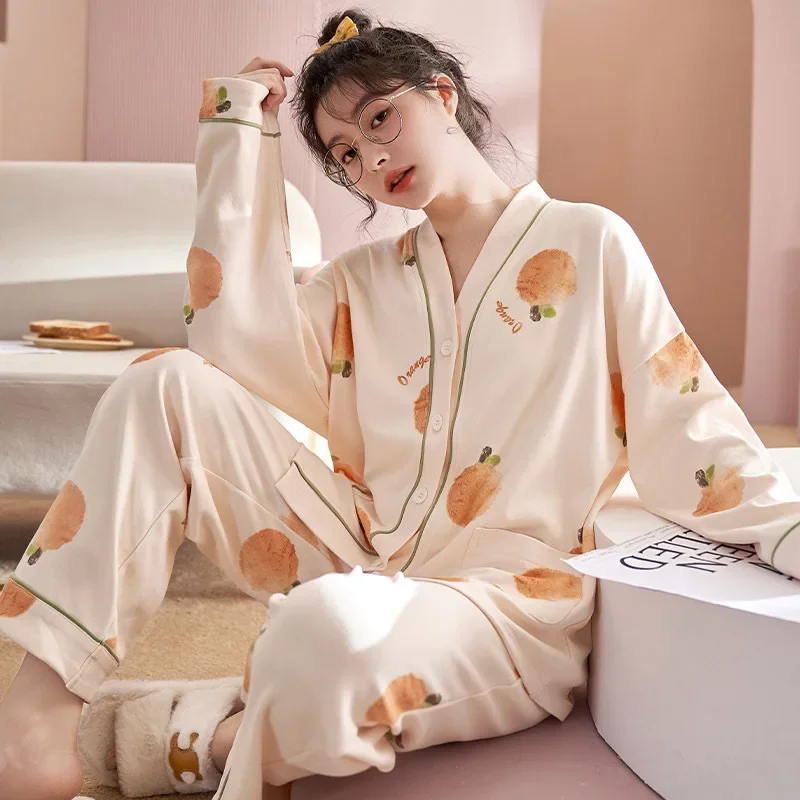 Ensemble de pyjama à manches longues pour femmes, cardigan à col en V, pantalon de dessin animé, vêtements de nuit pour la maison, nouveau, printemps et automne