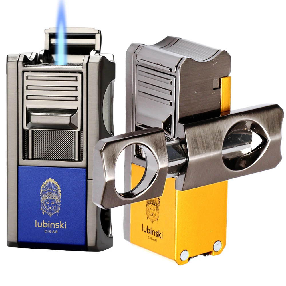 LUBINSKI 1 Jet Lighter Cigar V Cutter With Punch Cigar Needles Picker Multifunctional Cigar Lighter Butane Gas