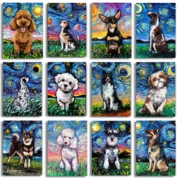 Funny Dogs Starry Night Van Gogh Canvas Painting Abstract Print Dog German Shepherd Bulldog Posters Wall Art Picture Home Decor