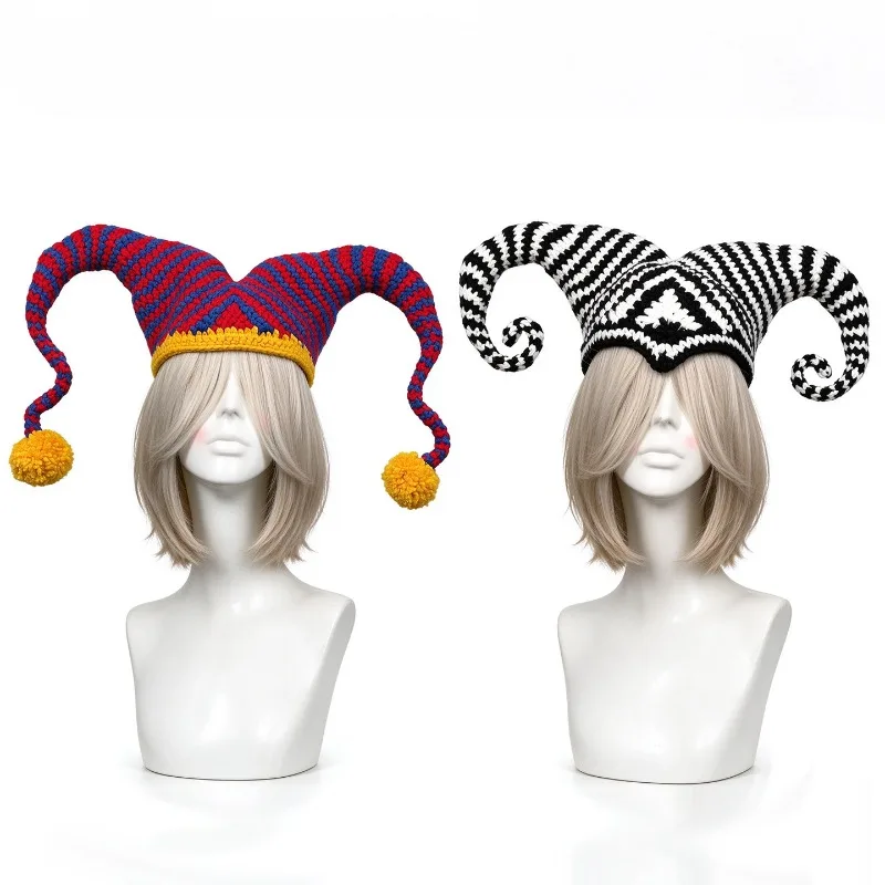 Handmade Coloful Striped Viking Goat Horn Jester Clown Hat Women Custom Crochet Funny Knit Beanie Men Cosplay Canival Party Caps