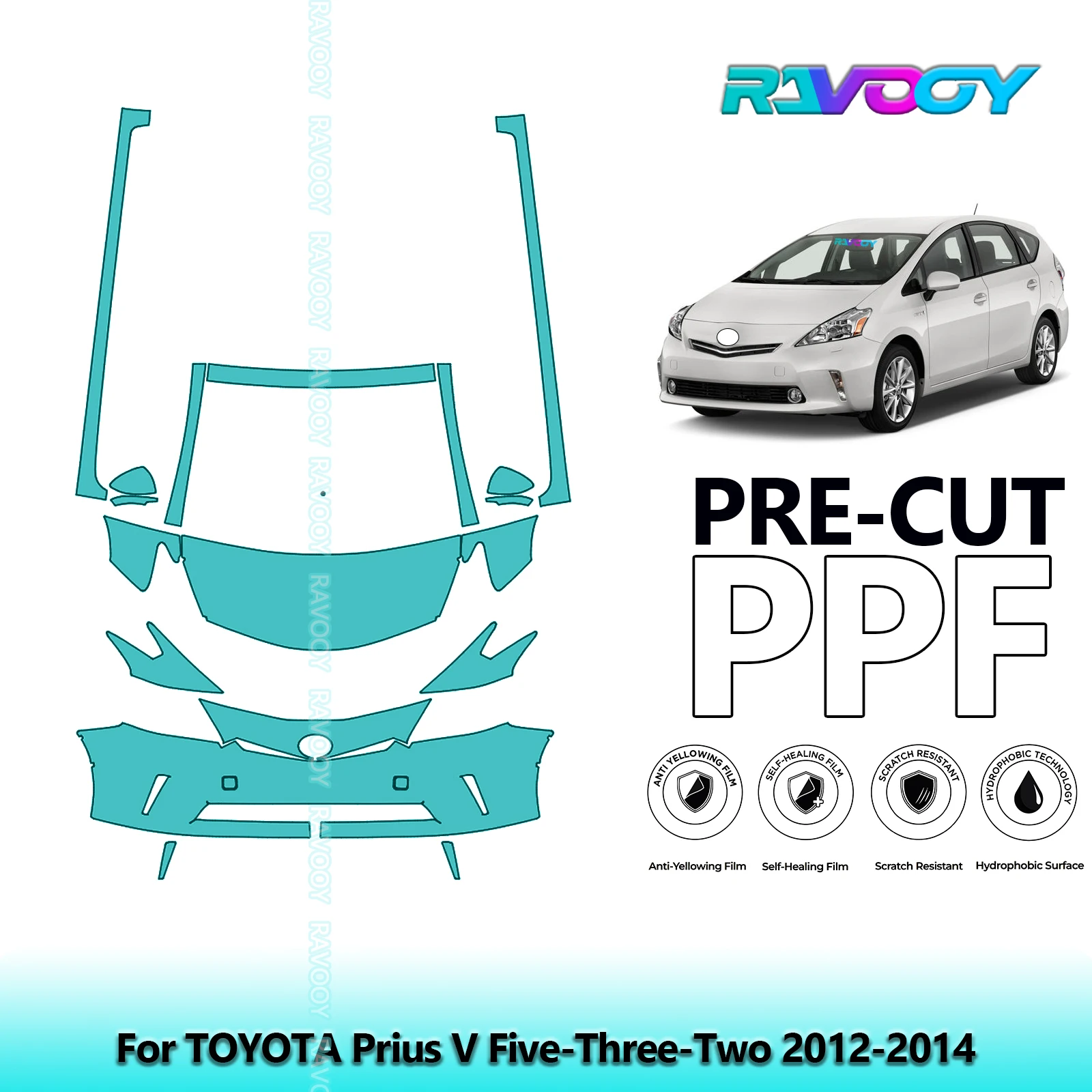 

8.5Mil Precut Paint Protection Film PPF Clear Bra Front Kit+Rockers For TOYOTA Prius V Five-Three-Two 2012-2014