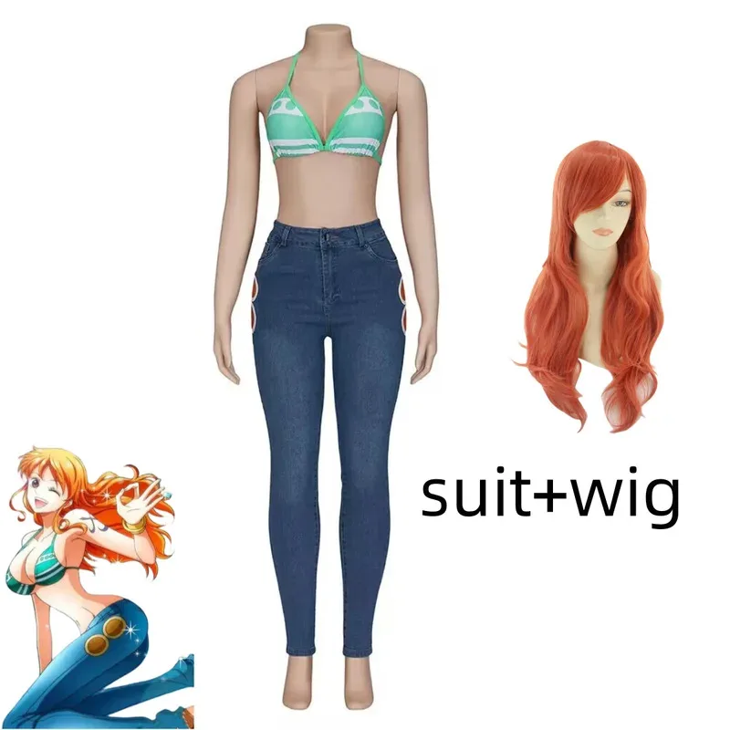 Anime Nami Cosplay Costume Wano Kuni Country Skinny Jean Tube Tops Swimsuit Wig Woman Sexy Summer Day Beach Party Suits;2k,j'x.8