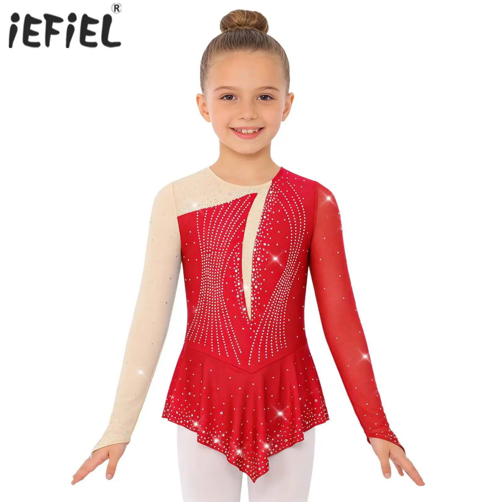 

Детское гимнастическое платье для девочек, асимметричное, с блестящими стразами, сетчатое, для фигурного катания и танцев, для балерины, для художественной гимнастики