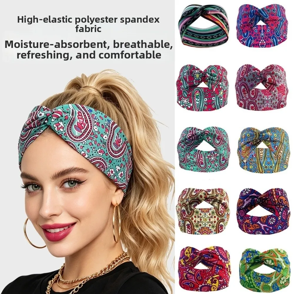 Sweat Absorbent Bohemian Yoga Elastic Headband 10*25cm 10 Colors Sports Fitness Headband Ladies' Floral Printed Headband