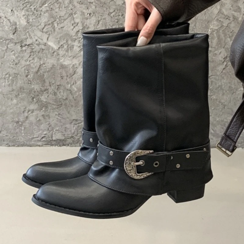 الجدة مشبك برشام الديكور حذاء من الجلد النساء موضة أشار تو أحذية رعاة البقر الغربية مريحة مقاوم للماء منصة الأحذية #1