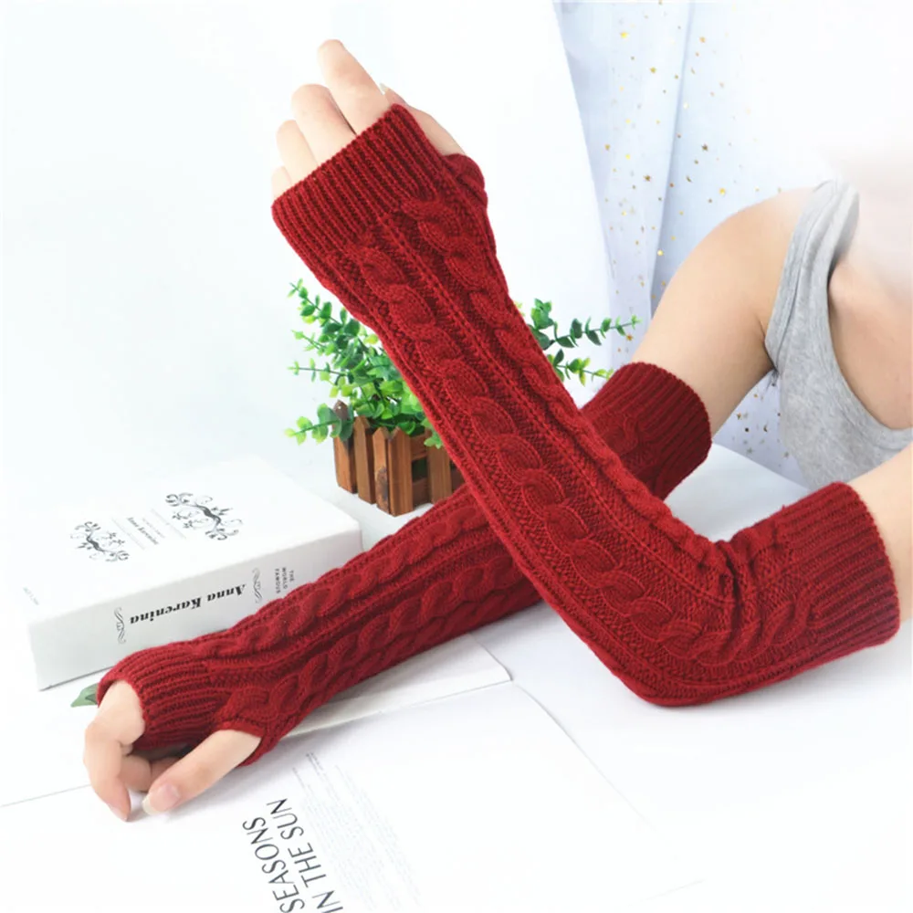 Winter Twist Knitting Woolen Arm Sleeve For Women Thicken Warm Long Fingerless Gloves Solid Color Long Sleeve Half-finger Glove