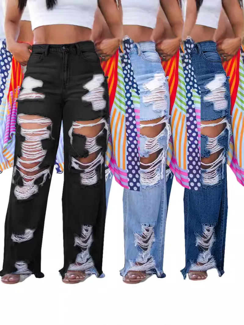 

Джинсы с дырками для женщин, рваные прямые брюки со средней талией, потертые карманы, винтажные джинсы, уличная одежда 2025 года, женские брюки