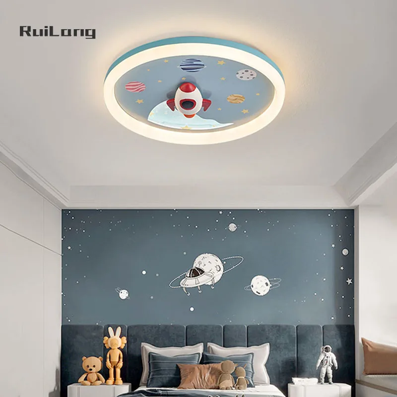 Creative Rocket Ceiling Light For Kids Room Boys Bedroom Study Blue Cartoon Space Planet Chandelier Children Room Ceiling Lamp