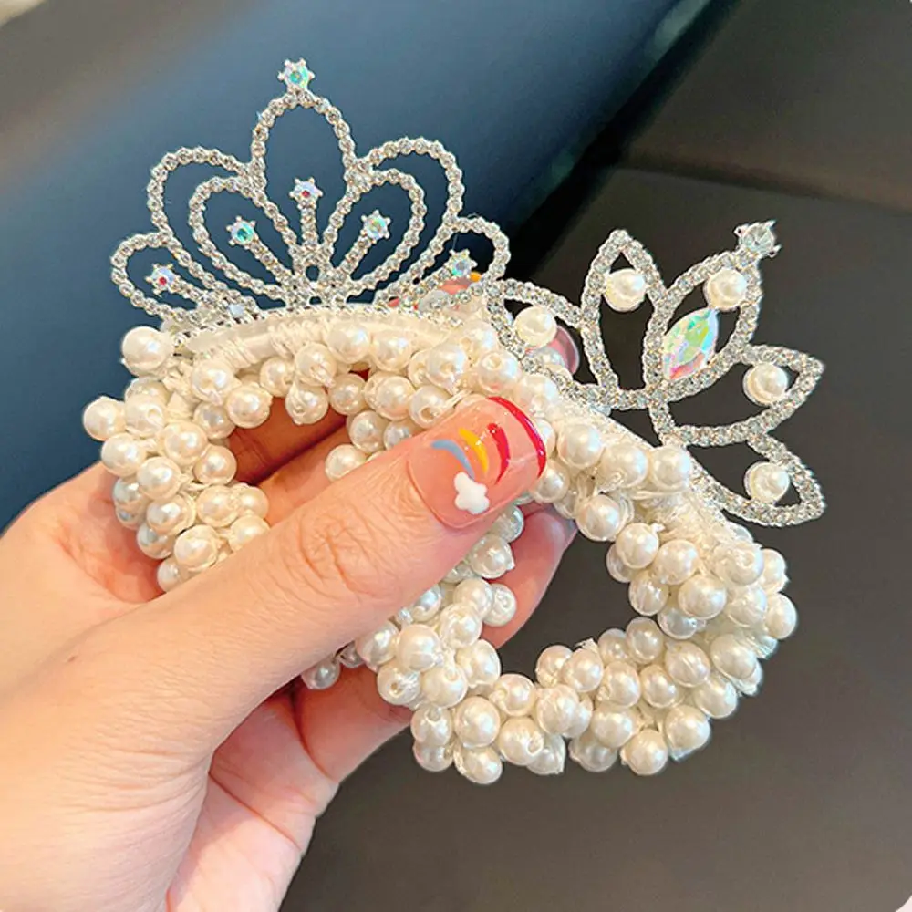 Sweet Lovely Pearl Crown Princess Hair Bands Kids Elastic Rubber Bands Children Hair Bun Ties Girls Hair Styling Accessories