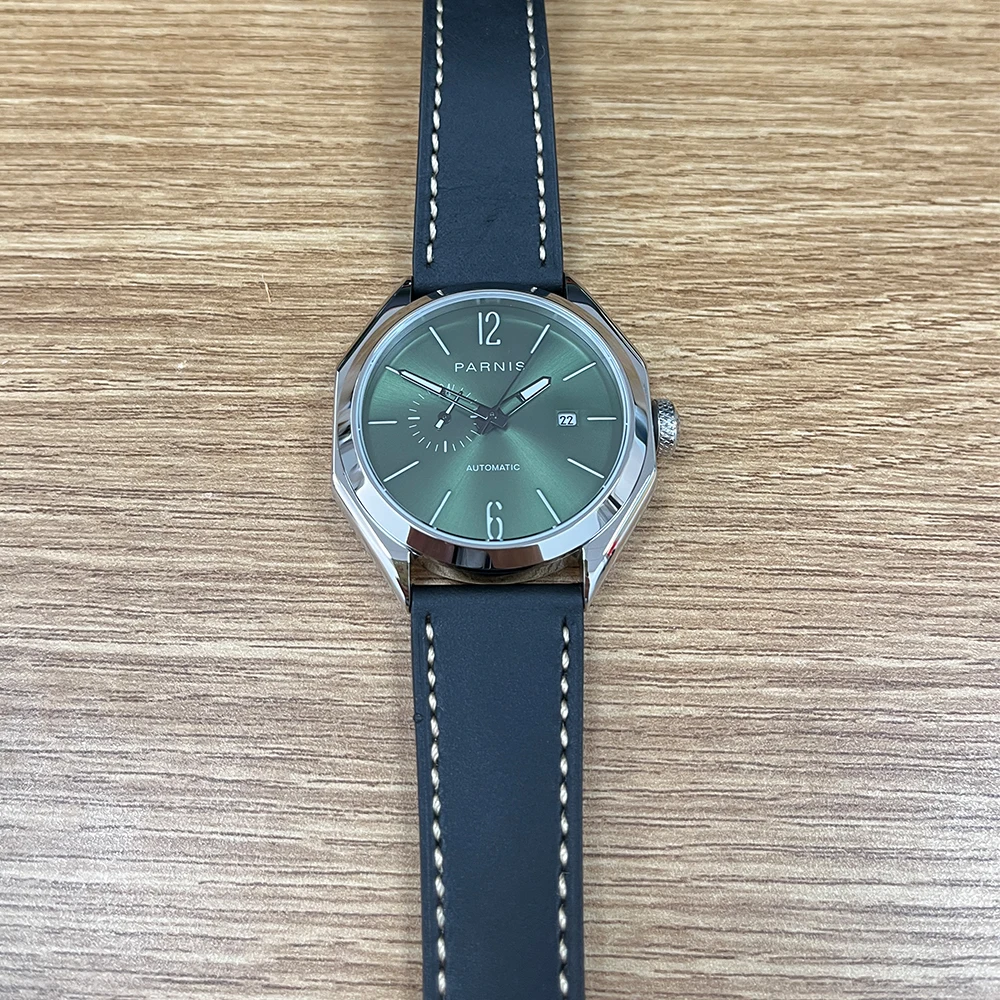 New Arrival Parnis 43mm Green Dial Automatic Mechanical Men Watches Leather Strap Sapphire Crystal Watch For Men reloj hombre