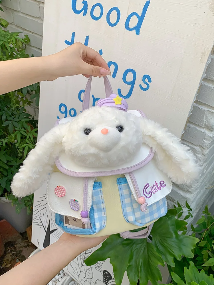 2026 Cute Long-Eared Rabbit Plush Doll Backpack Mini Dual-Shoulder Bag for Girls Toy Storage Pouch Casual Travel Nylon Material