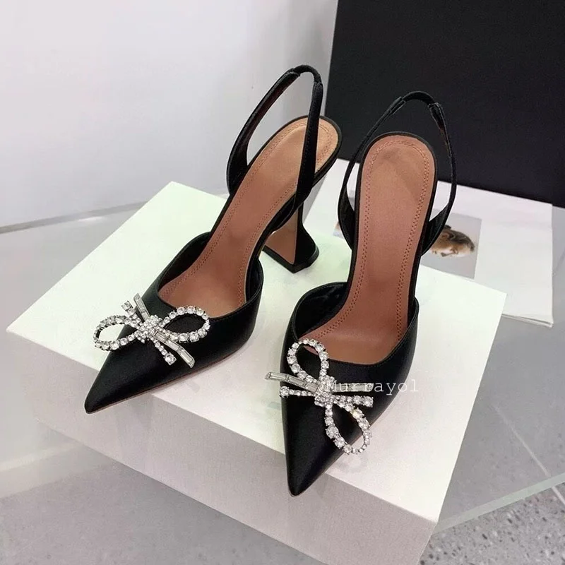 أحذية الزفاف وأشار الساتان تألق كريستال Bowknot ديكور مضخات المرأة بلون الظهر حزام الصنادل الصيف فستان مثير الأحذية #3