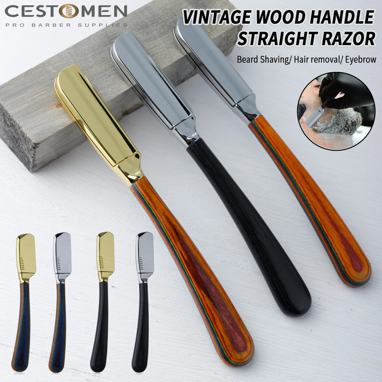 New Color Wood Handle Baber Straight Razor For Men Salon Hair Removal Tools Manual Stainless Steel  Beard Shaving Knife Holder