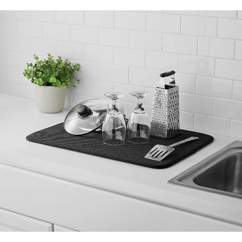 Microfiber Dish Drying Mat, Absorbent Kitchen Countertop Drying Mat for Dishes, Glasses and Utensils, Black