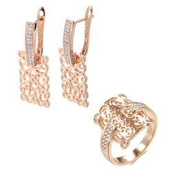 Wbmqda Hot Glossy Hollow Square Zircon Earrings Ring For Women 585 Rose Gold Color High Quality Daily Fine Retro Jewelry Sets