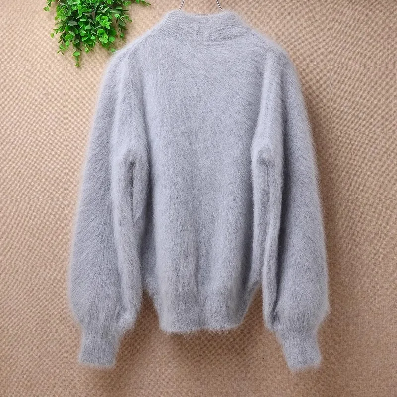 Ladies Women Spring Winter Grey Hairy Mink Cashmere Knitted Turtleneck Long Lantern Sleeves Slim Blouses Pullover Angora Sweater