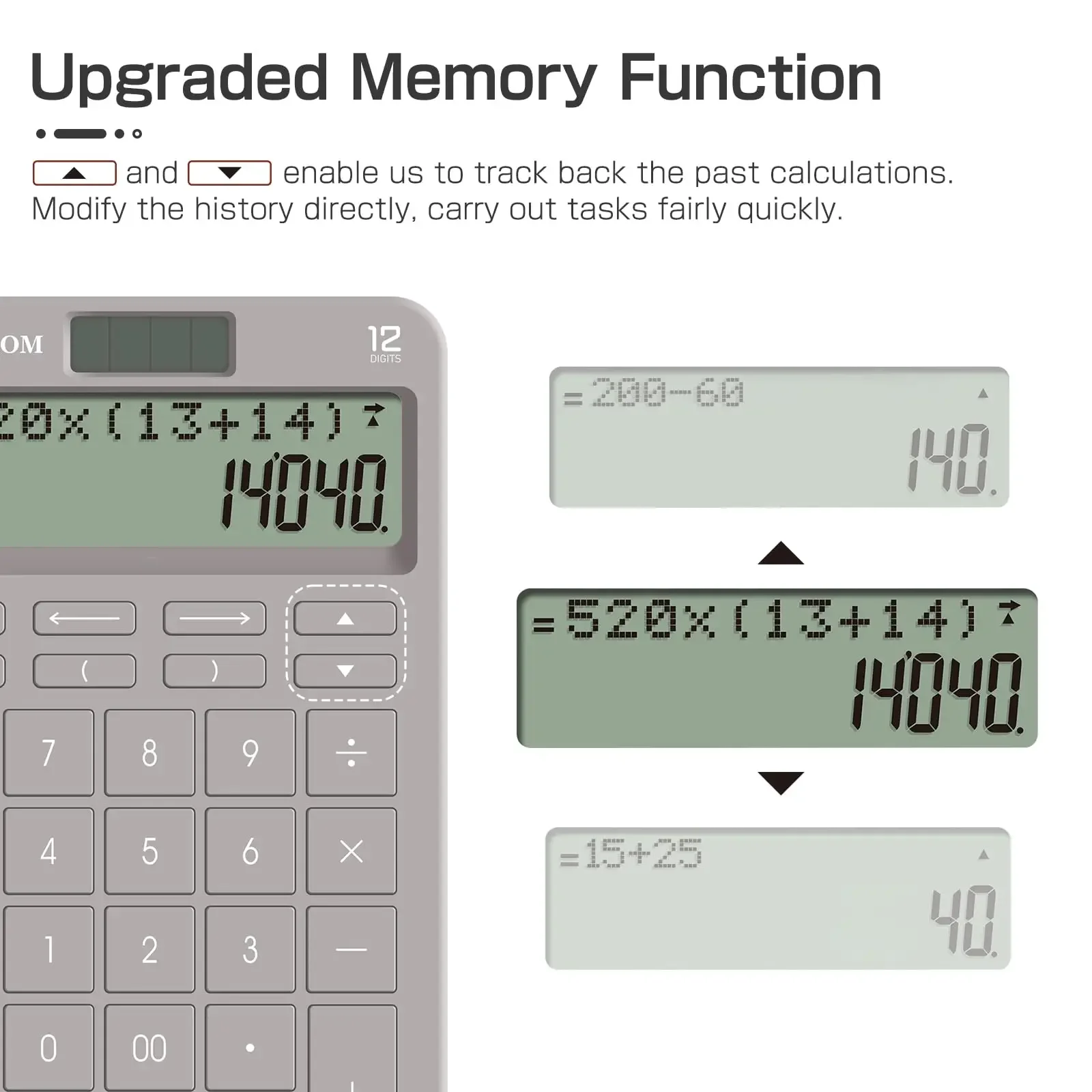 Calculator with Upgraded History Recording and Track Back Funtion 2-Lined Large Clearly LCD Display 12-Digit Big SensitiveButton