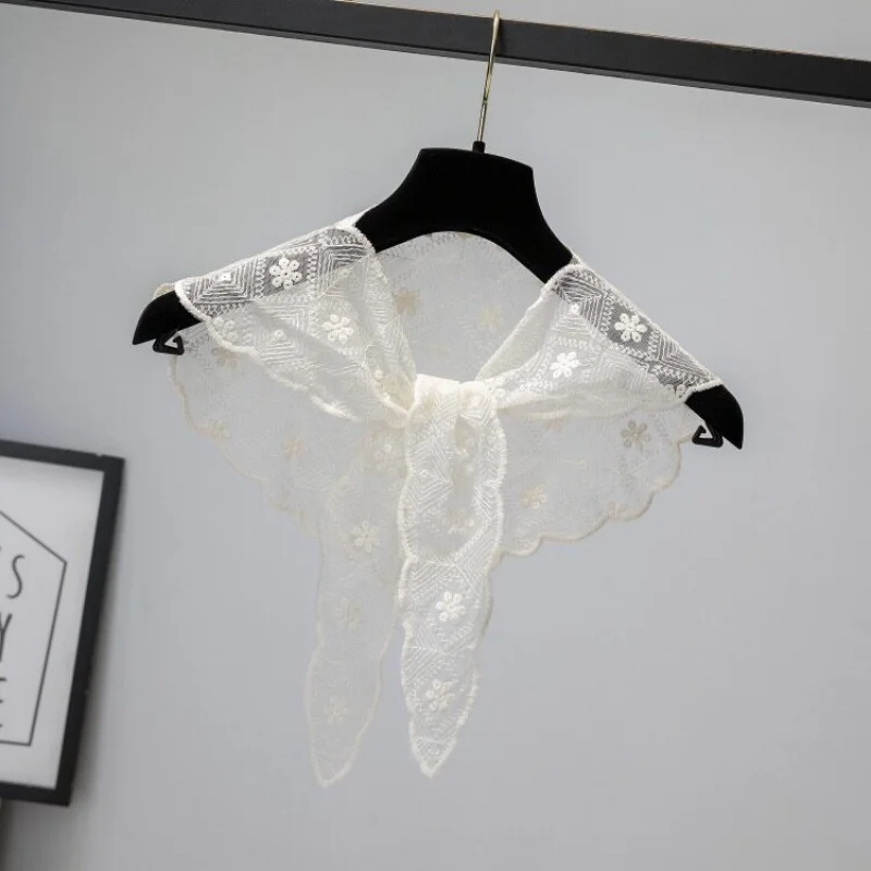 

Four Seasons Silk Scarf Thin Small Shawl Korean Edition Decorative Versatile Lace Hook Flower Triangle Outer Waist Scarf