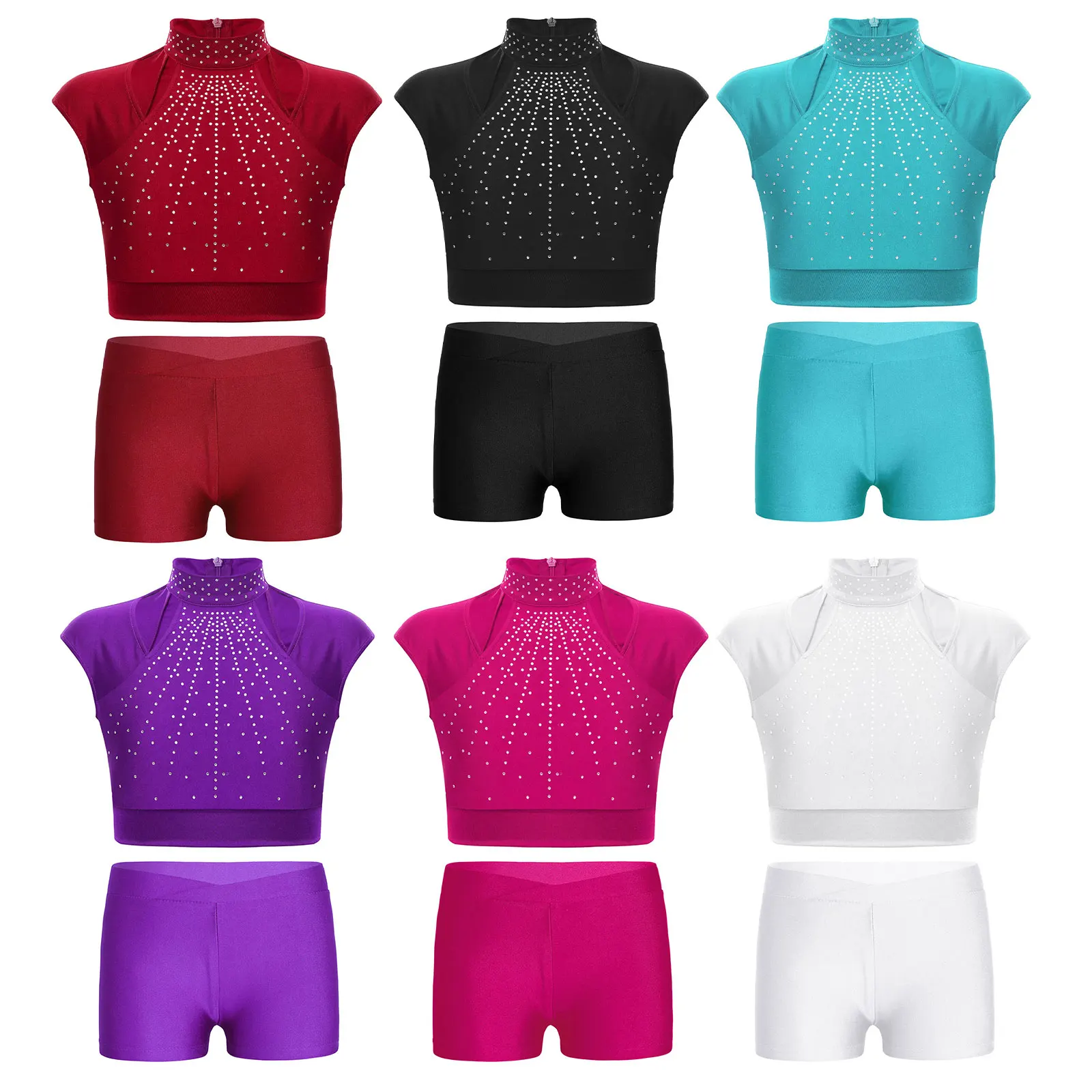 Kids Girls Figure Skating Outfits Set Sleeveless Crop Top with Shorts Dance Sports Gymnastics Performance Costume Activewear