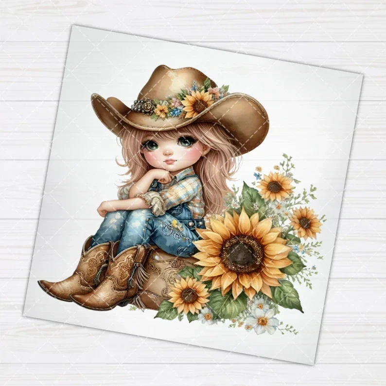 15cm/20cm Little Cowboy Girl Heat Transfer Stickers Iron On Clothes Bags DTF Vinyl Thermal Appliques Washable DIY Patches