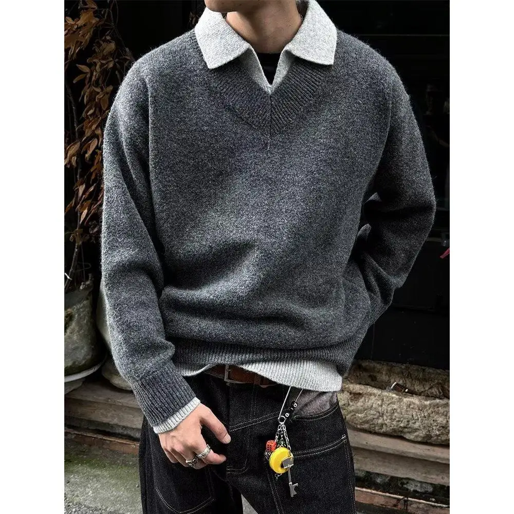

Мужской вязаный свитер свободного кроя с капюшоном в американском стиле, осенне-зимний, с воротником-стойкой, из полиэфирного волокна, с длинными рукавами