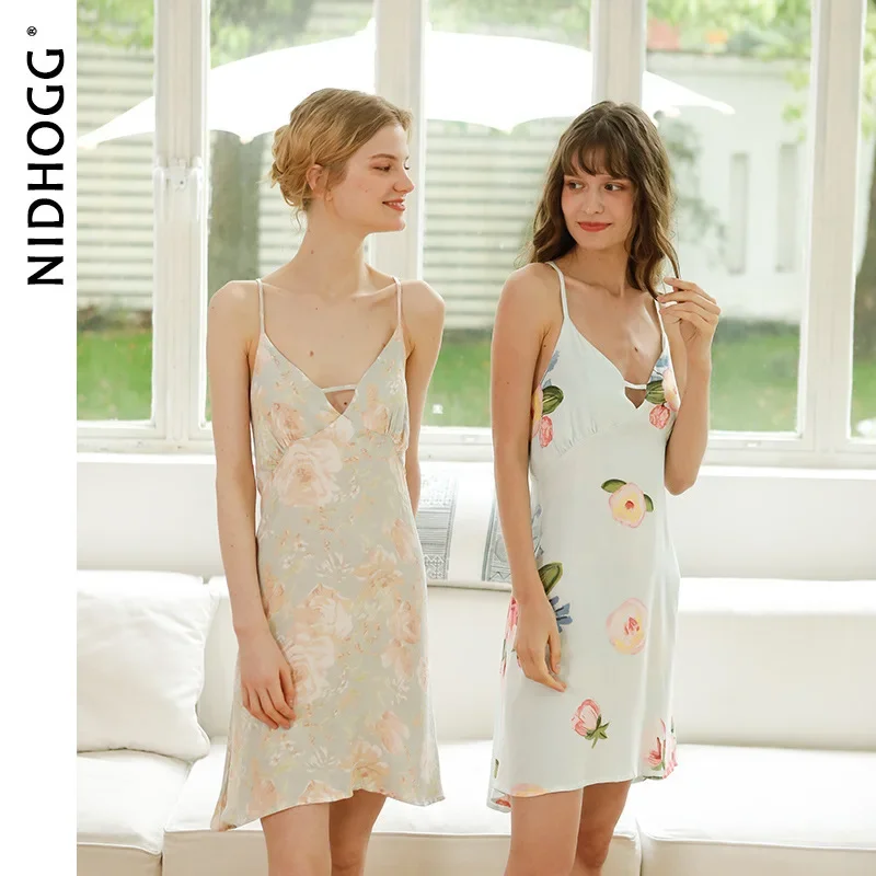 Summer Satin Nightdress Women Flower Breathable Halter Strap Sleeping Dress Viscose Nightgowns Sleeveless Vintage Sleepwear 2021