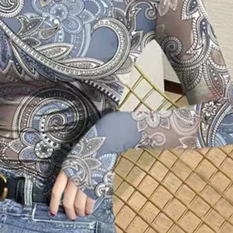 Damskie bluzki z golfem, nowe, z kwiatowym nadrukiem, obcisłe, z długim rękawem, warstwa bazowa, topy dla kobiet, jesień-zima, styl Y2k.