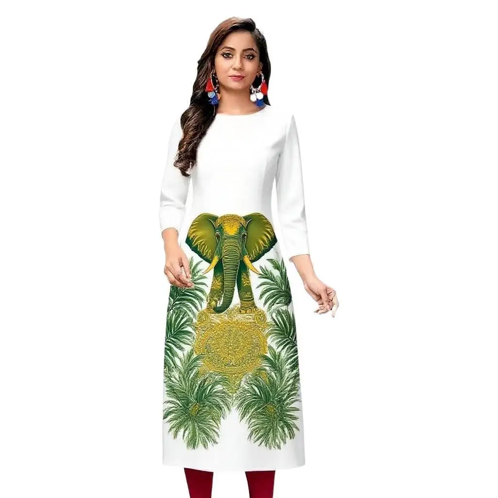 Sukienka damska 2026, modna i elegancka, z długim rękawem, o prostym kroju, codzienna, z okrągłym dekoltem, wzór w kolorze słoniowej kości.