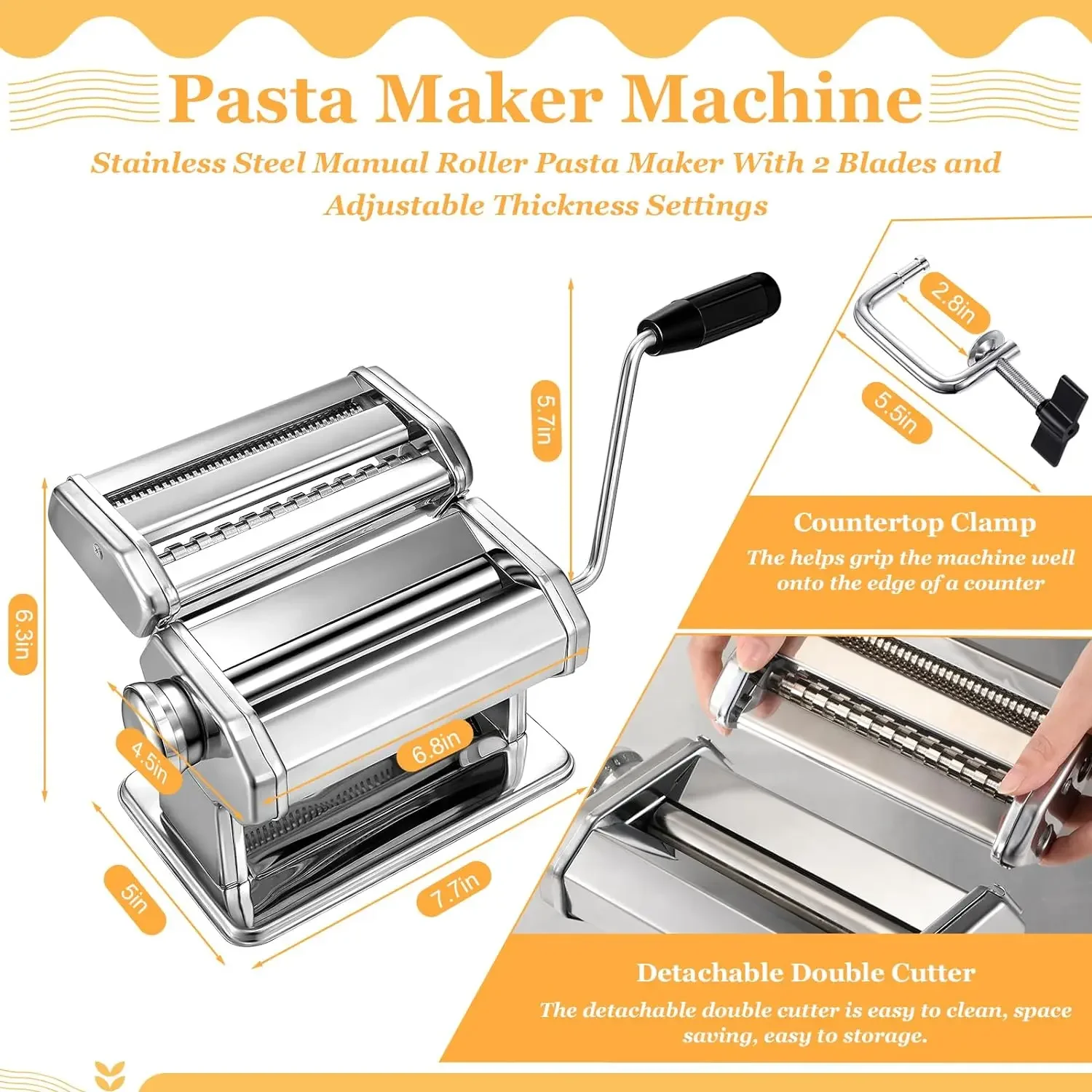 8 Pcs Pasta Maker Machine Set Including Stainless Steel Noodle Maker Machine Wood Pasta Drying Rack Ravioli Stamp