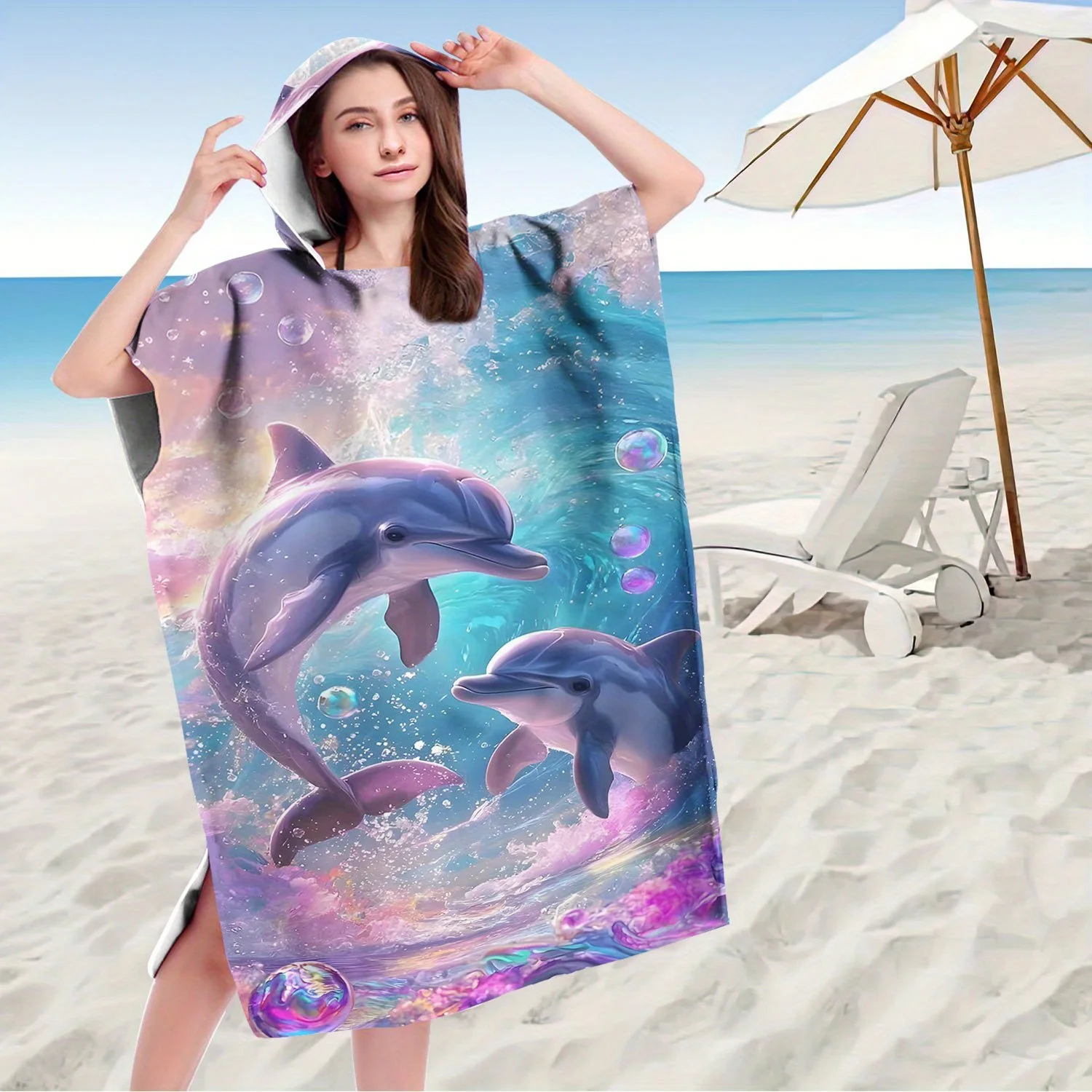 Poncho de Toalla con Capucha y Estampado de Delfín de Fantasía, 1 Pieza, Bata de Playa de Poliéster de Secado Rápido, Poncho de Baño a Juego para Familia/Pareja, Talla S