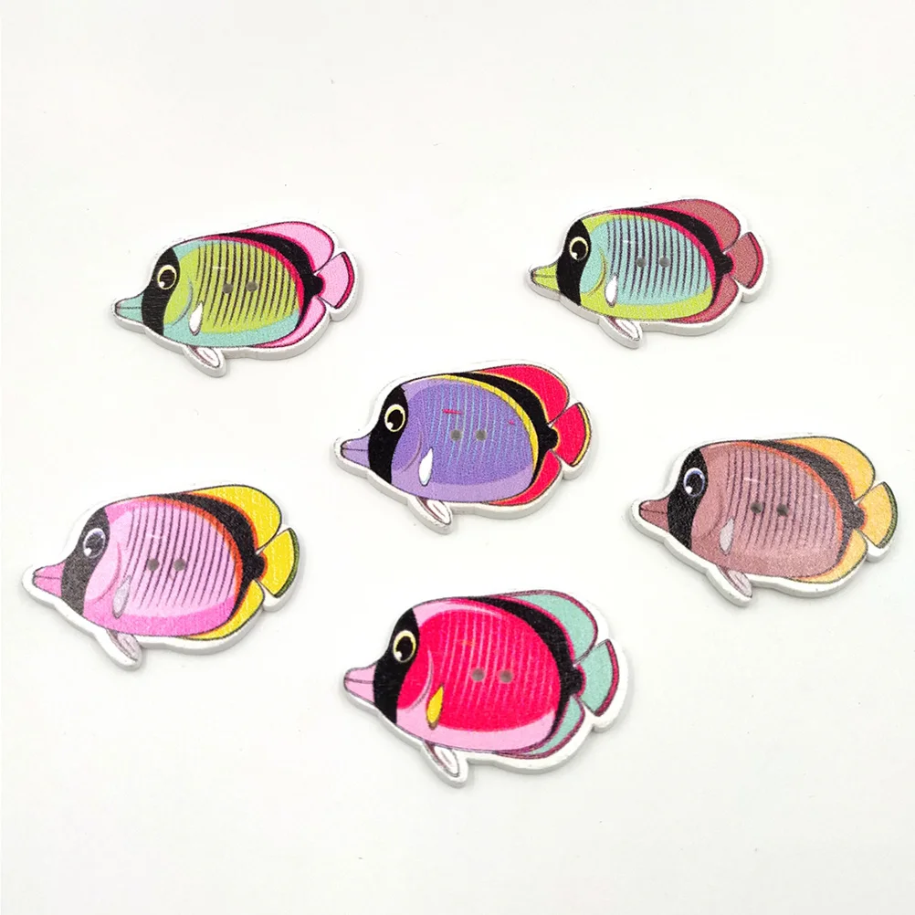 

50Pcs Cartoon Fish-Shaped Decorative Wooden Buttons 30-36mm Novelty Round 2 Holes for DIY Sewing Crafting Knitting Scrapbook