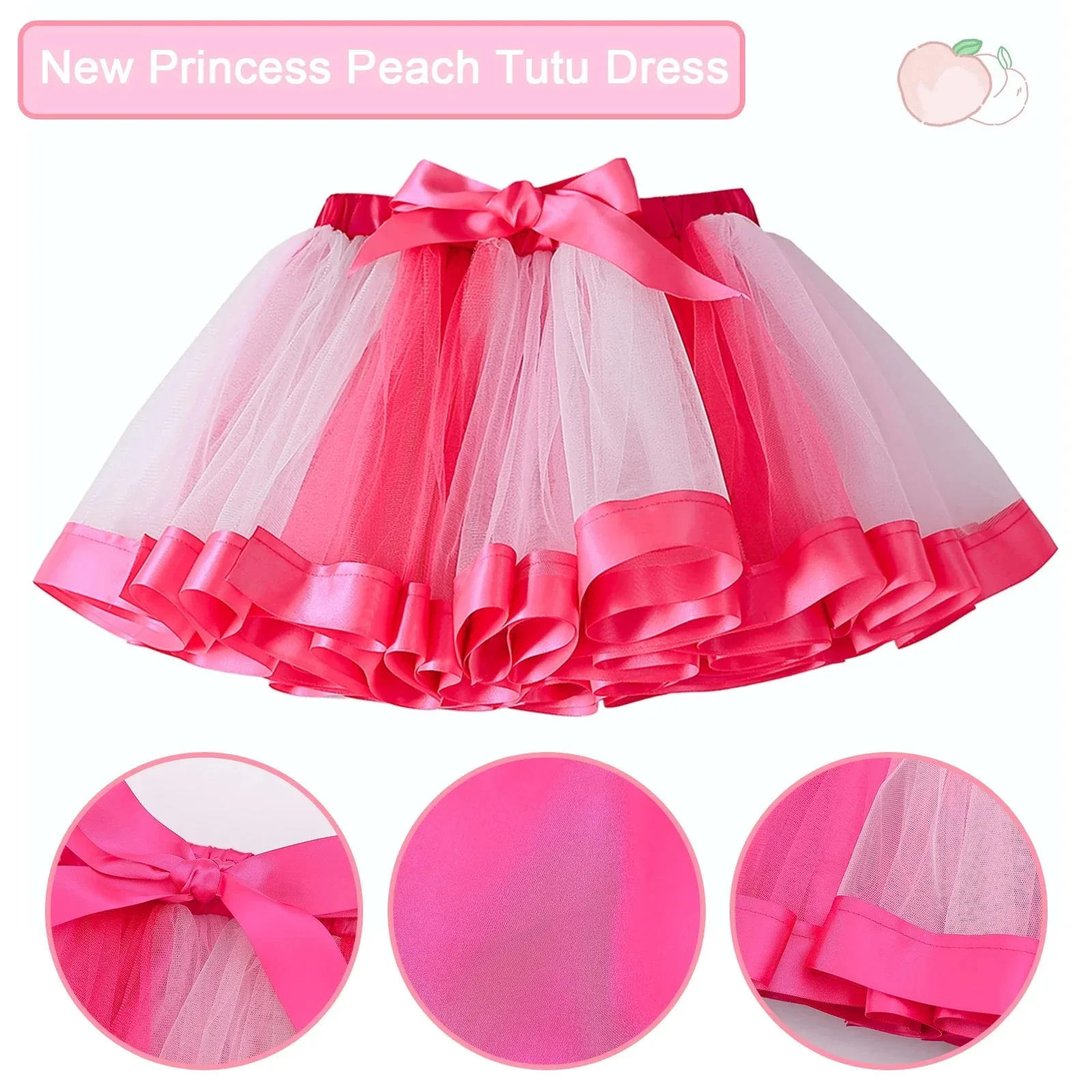 Girls Peach Princess Tutu Skirt Set Pink Clothes T-shirt+Skirt+Bag 3pcs Suit Super Bro Children Cosplay Costume Party Birthday