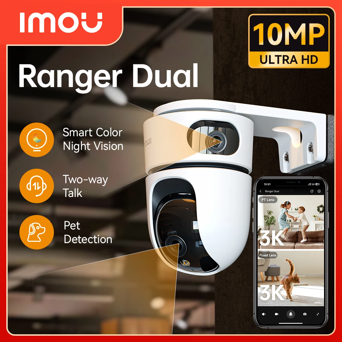 ايمو 360 °   كاميرا PTZ ذات عدسة مزدوجة IP، كاميرا مراقبة للكشف عن الحيوانات الأليفة البشرية، كاميرا مراقبة للأطفال، كاميرا مراقبة للرؤية الليلية بالألوان AI