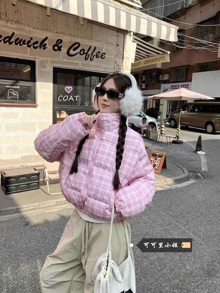 Coreano na moda doce bonito rosa xadrez casaco de inverno feminino algodão quente engrossar jaqueta curta harajuku streetwear gola alta outerwear