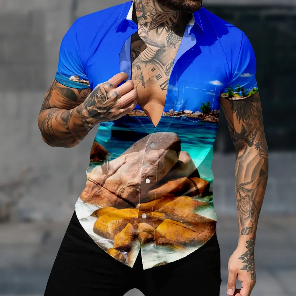 Oversized 4XL 2023 Summer Beach Stones 3D Print Loose Short Sleeve Hawaiian Shirt for Men, Casual Beach Shirts Blouses