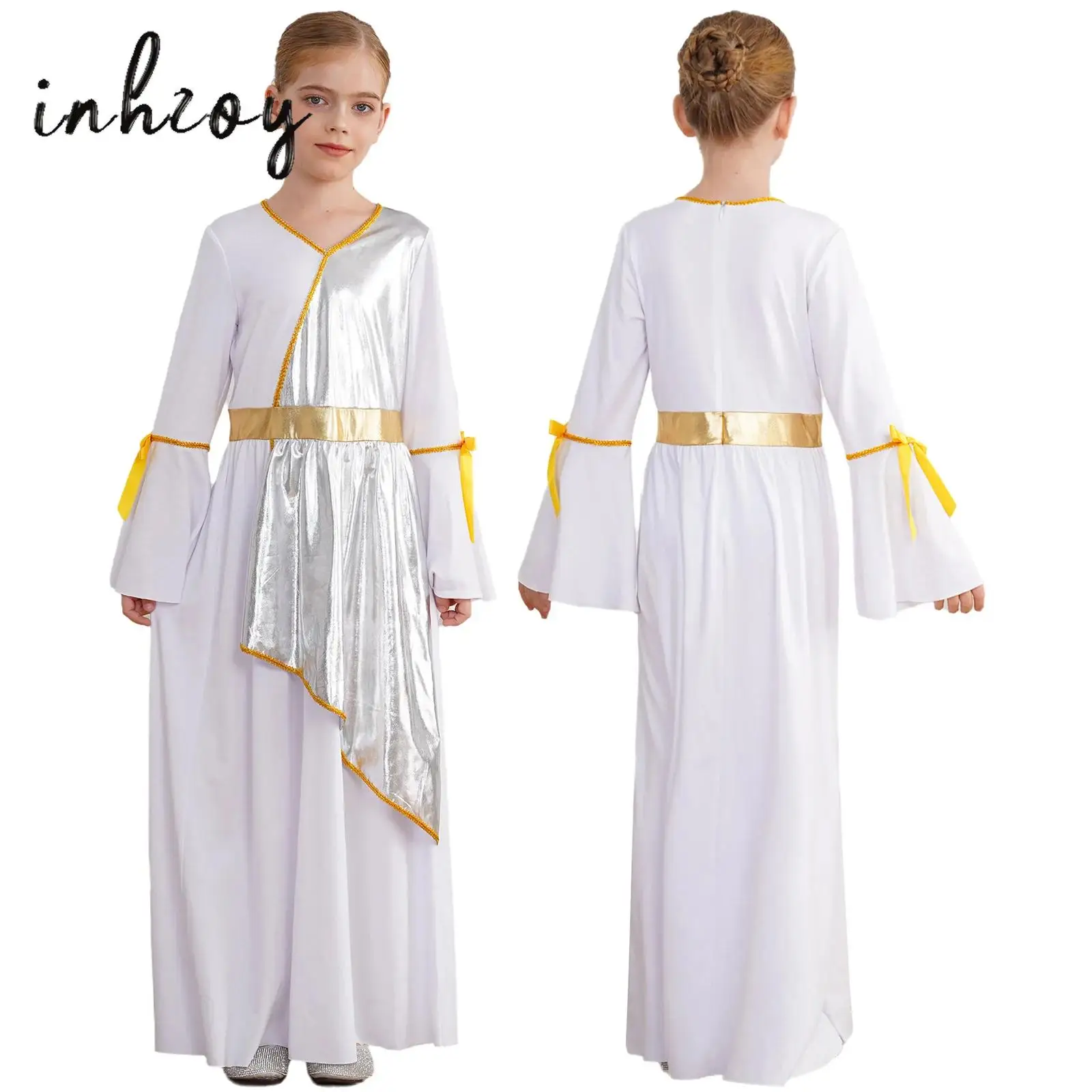 Kids Girl Ancient Greek Princess Dress Long Sleeve Metallic Contrast Color Toga Goddesses Costume Gown Church Choir Worship Robe