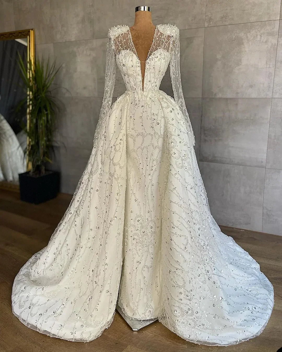 Customized  Deep V Neck Full Beads Sequins Wedding Dress With Overskirt Vestidos De Casamento Illusion Long Sleeves Bridal Gowns