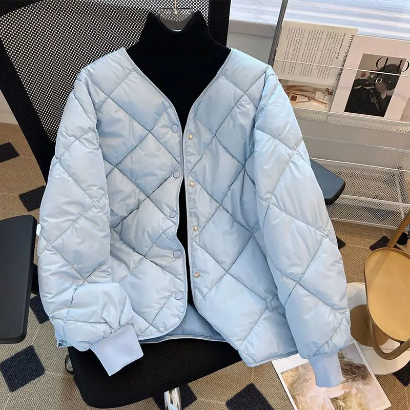 Parkas cortas con cuello en V para mujer, abrigos a cuadros de Argyle simples, prendas de vestir sólidas que combinan con todo, ropa informal Chic Ulzzang, ropa de invierno de moda Ins