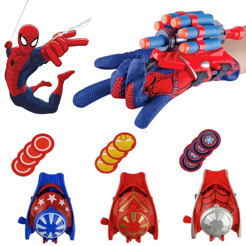 Spiderman Web Shooters Iron Man Wrist Launcher Spider Man Soft Bullet Captain America Cosplay Props for Boys Girls Birthday Gift