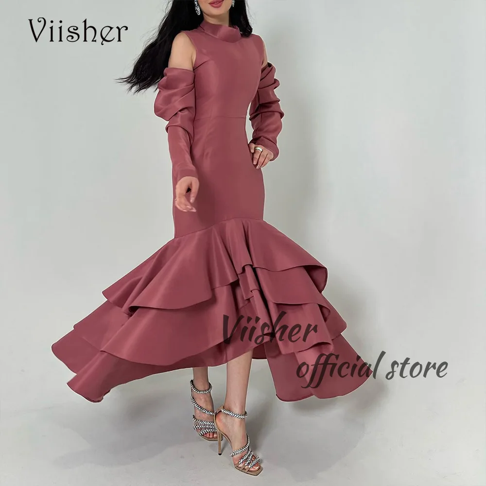 

Viisher Arabic Dubai Mermaid Evening Dresses 3/4 Sleeve High Neck Formal Prom Dress Tiered Satin Tea Length Evening Gown