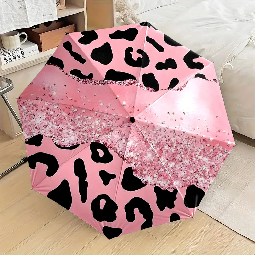 1PC Stylish Pink Umbrella with Leopard and Glitter Design Print 8 Iron Ribs Folding Umbrella Auto-Open Fashion Sunshade