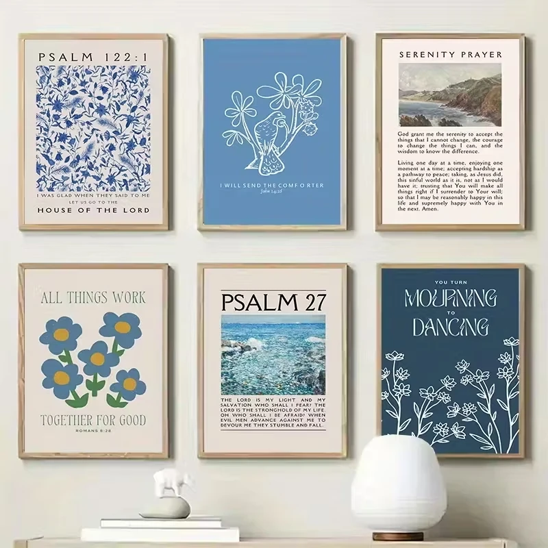 

6pcs Minimalist Mural Canvas Poster Picture Wall Blue Christian Bible Text Retro Floral Design Living Room Home Decoration Room
