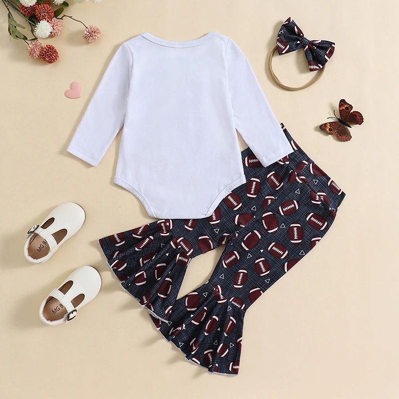 3-Piece Baby Girls Set Letter Football Print Long Sleeve Round Neck Romper Flare Trousers Hair Band Adorable Outfits