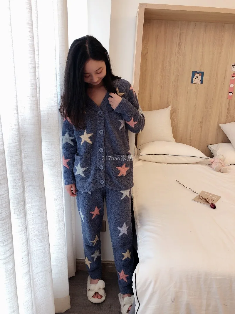 Japão estilo gp grosso de malha colorido estrelas pijamas conjunto casa camisolas salão wear geleto pijamas