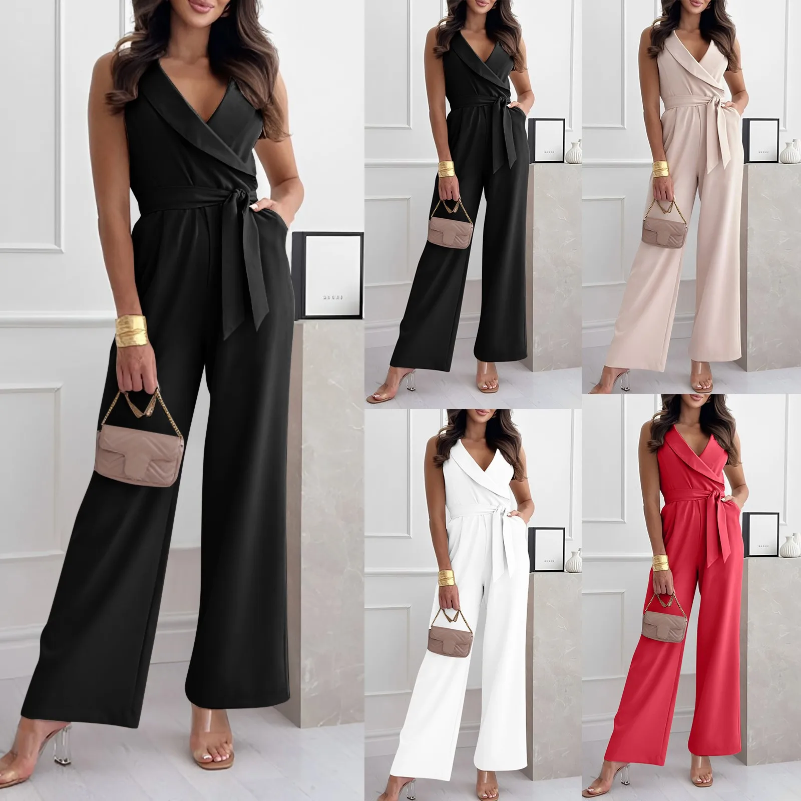 Elegant Office Lady Jumpsuit Tie-Up Sleeveless V-Neck Women's Jumpsuits Streetwear Loose Wide Leg Romper Ladies Overall 2024 New