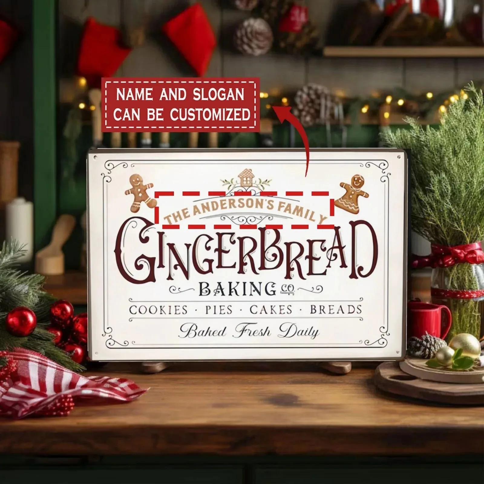 20×30CM 1pc 2D Flat Personalized Gingerbread Baking Company Metal Sign Custom Text Christmas Home Kitchen Wall Decor Gift