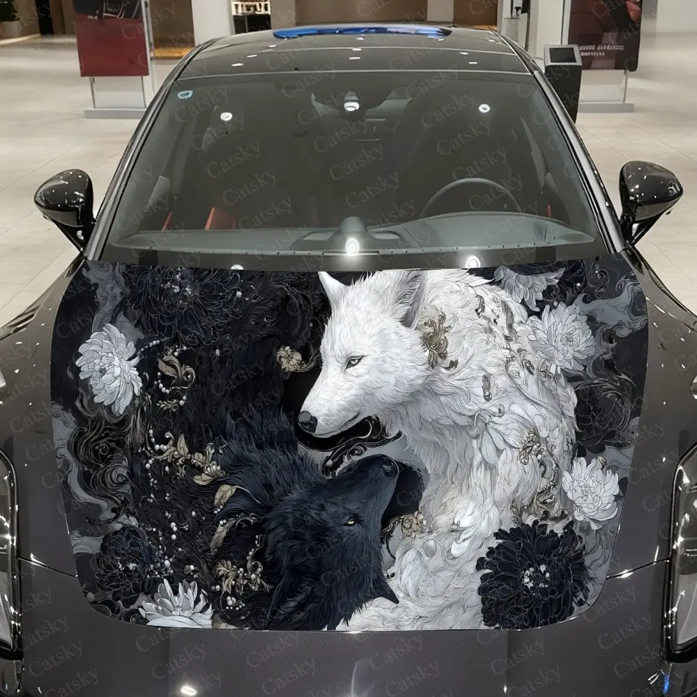 Yin-Yang Dual Wolf Chrysanthemum Car Vinyl Wrap, PVC Waterproof Car Hood Sticker, Self-Adhesive Scratch-Resistant Stickers