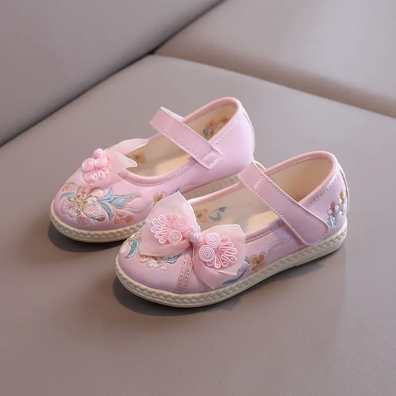 Elegant Girl Princess Shoes Children Handmade Embroidered Flat Shoes Retro National Style Kids Causal Fashion Hanfu Cloth Shoes