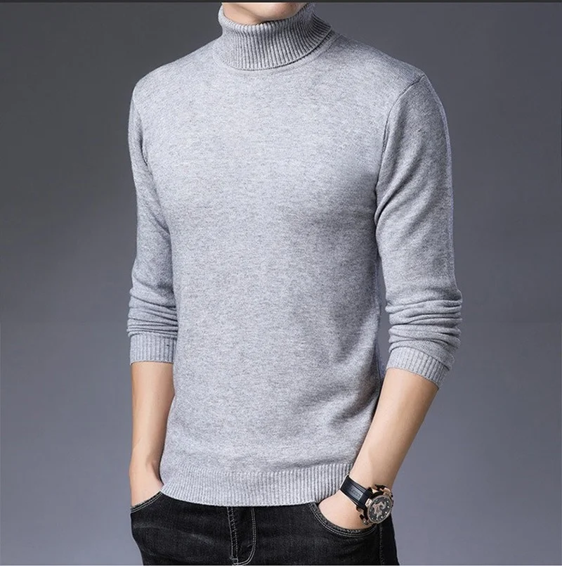 winter New Men High Neck Knitted Pullover Bottoming Sweater Male Fashion Casual Slim Solid Color Stretch Sweater