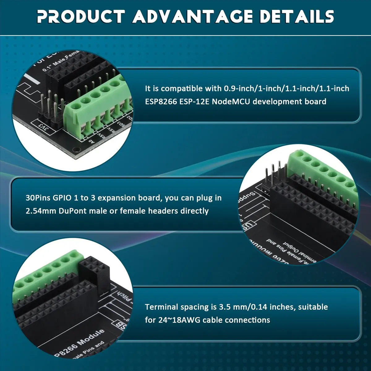 

(ABDH) ESP8266 Expansion Board 30Pins GPIO 1 Into 3 Breakout Board Compatible with ESP8266 ESP-12E NodeMCU Development Board